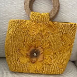 Yellow Beaded Floral Handbag Wooden Handles Beaded Purse Rhinestone